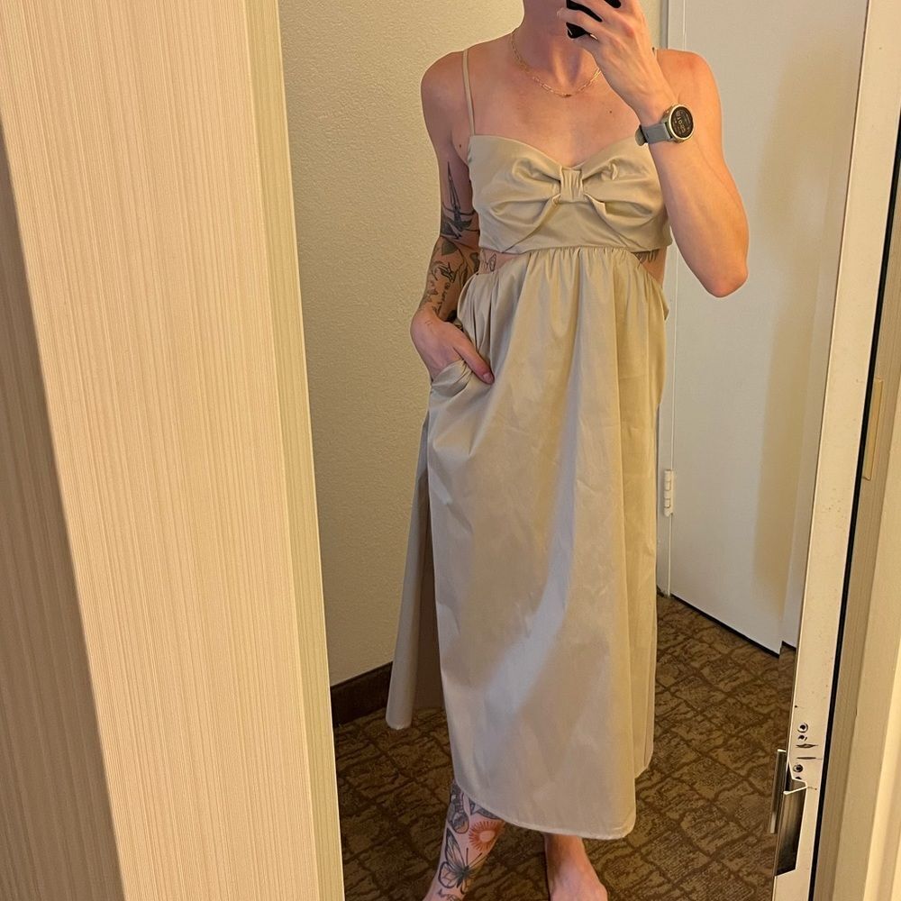 J. Crew Collection bow-front cutout midi dress in stretch taffeta Khaki Tan